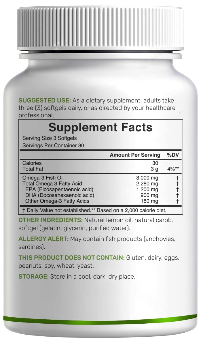 Omega 3 Fish Oil 3,000mg 240 Softgels EPA DHA Lemon Flavored B38862