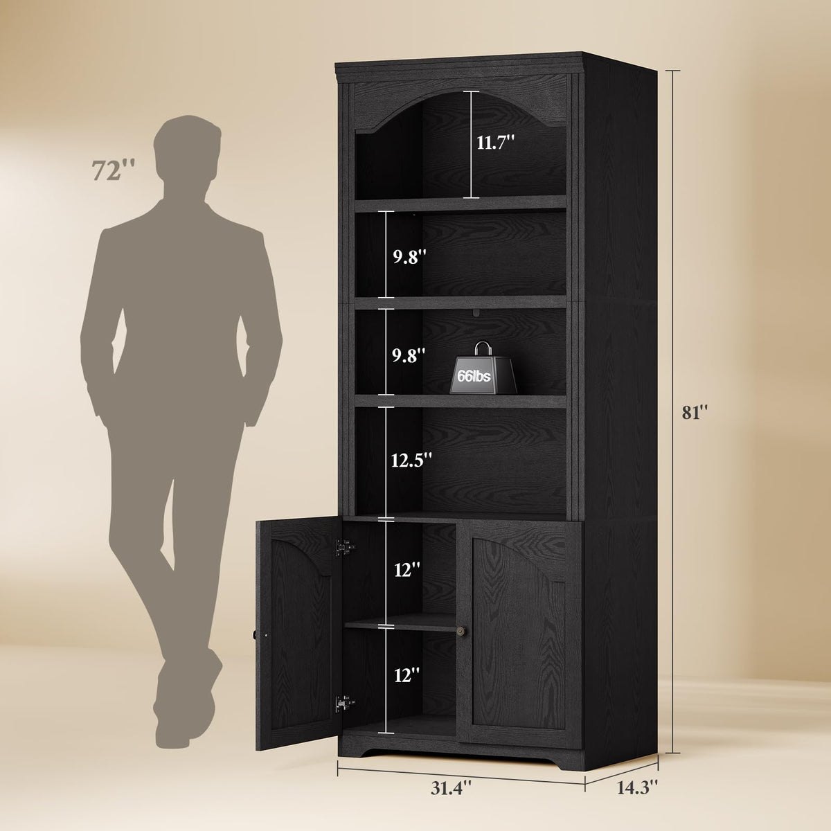 81"x31.4" Arched Bookcase with Adjustable Shelves & Doors R6107