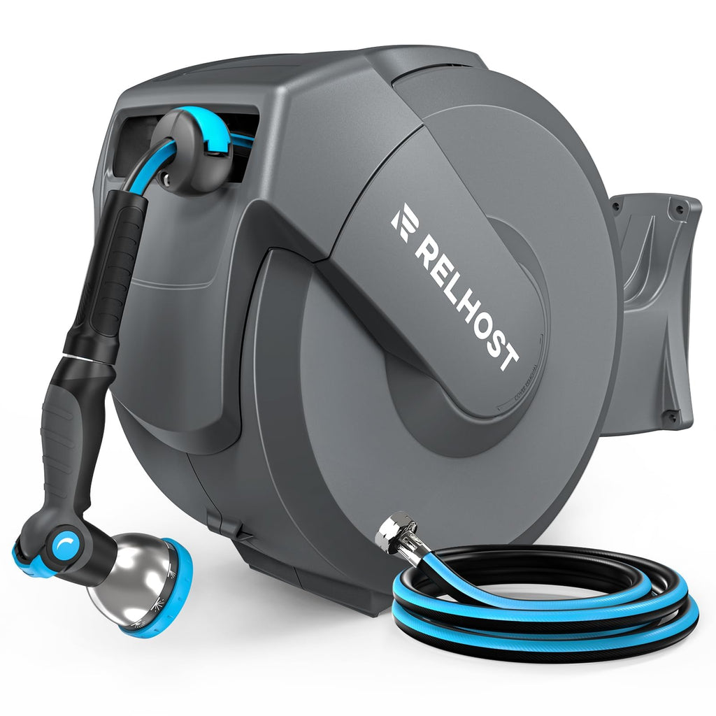 Retractable Garden Hose Reel, 5/8 in x 100 ft Wall Mount Heavy Duty with 10-Pattern Nozzle, Dark Grey U242