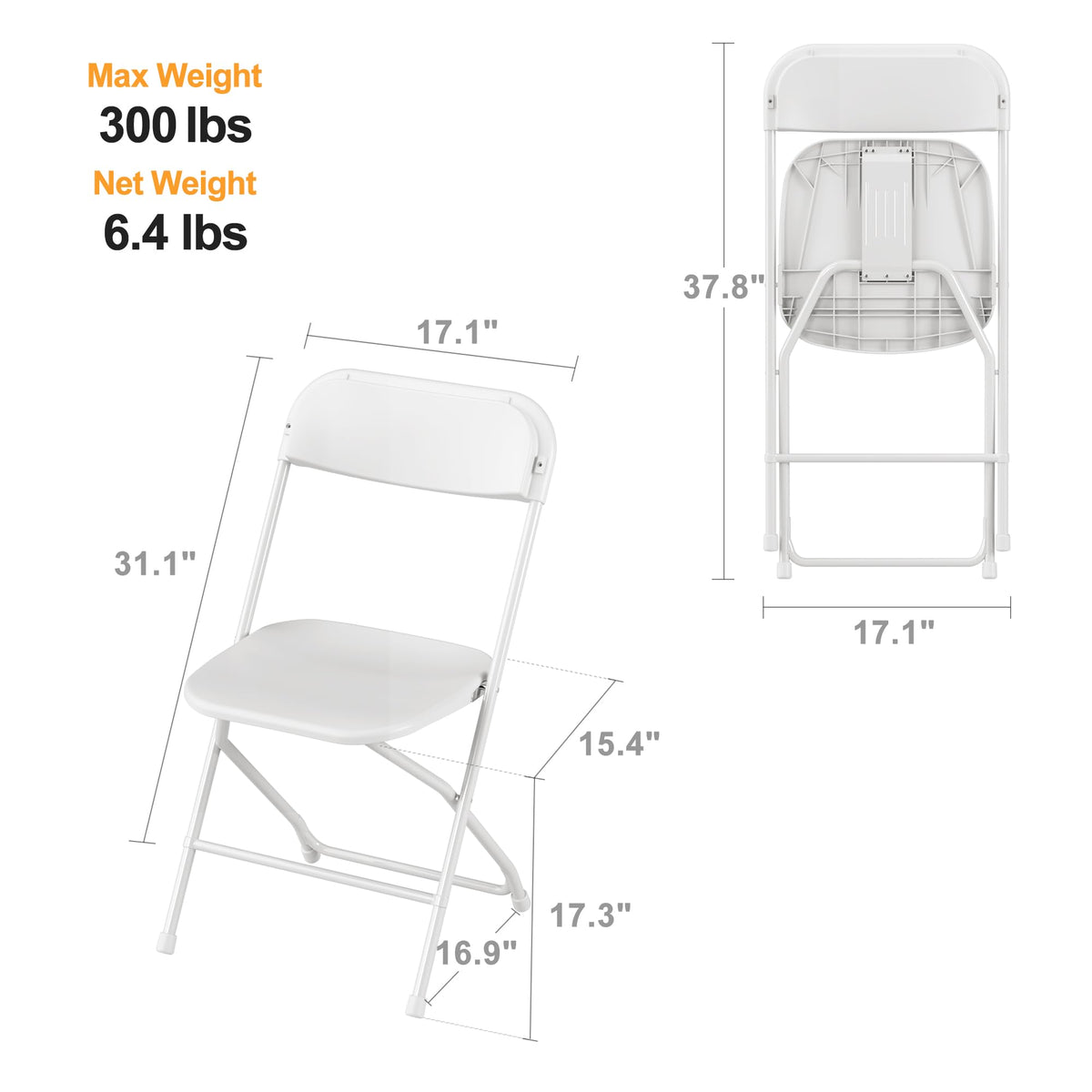 6 Pack White Plastic Folding Chair with Steel Frame A7628