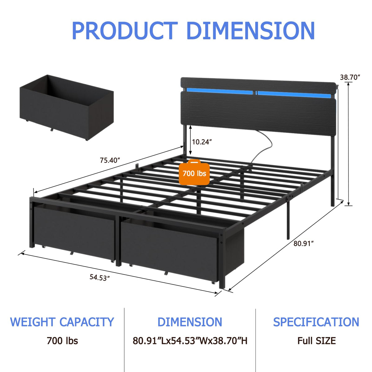 Full Size Bed Frame with Wood Headboard and Storage Drawers G85258