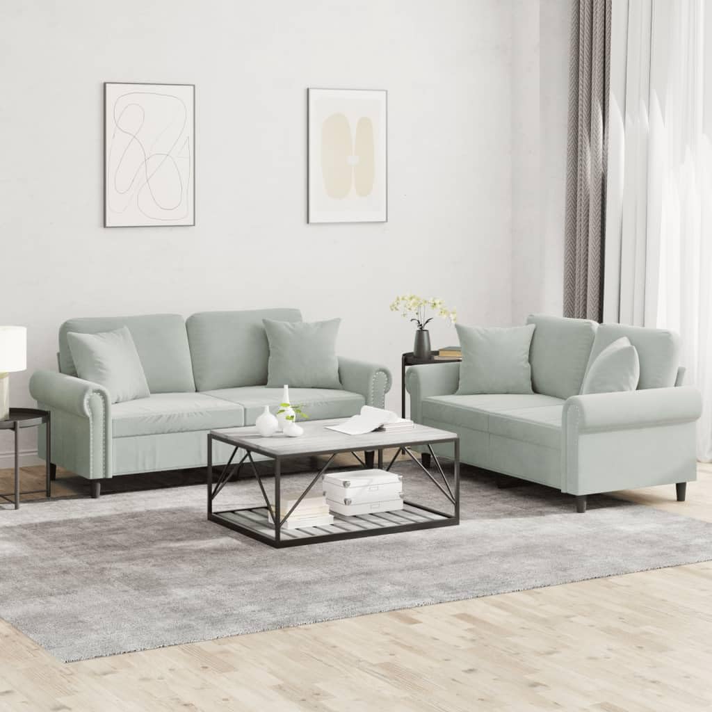 Light Gray Velvet 2 Piece Sofa Set with Throw Pillows M53999
