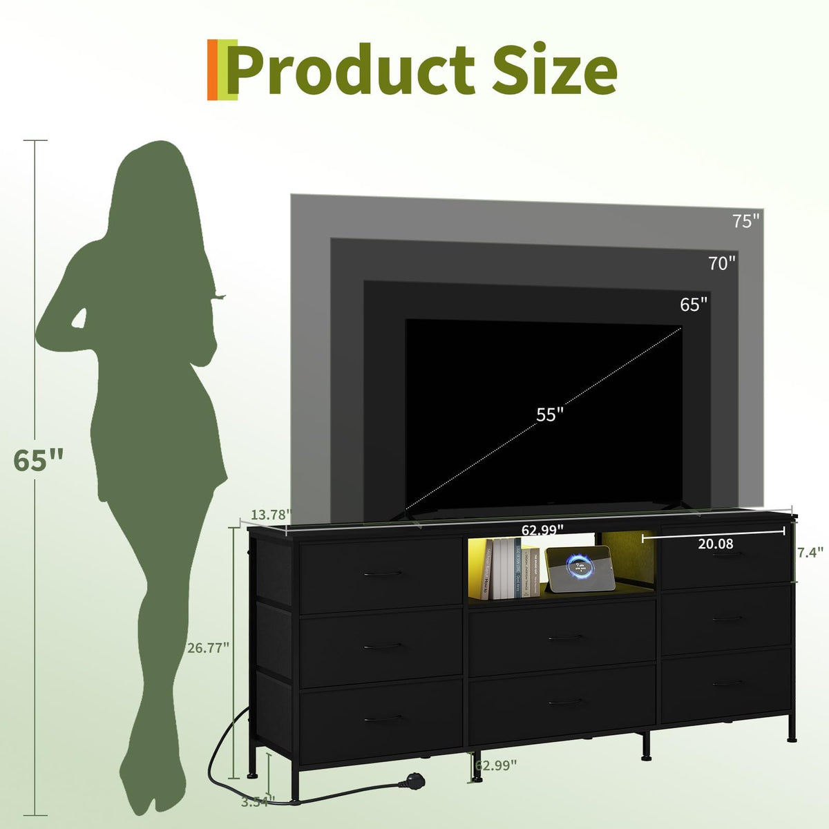 Black 8 Drawer TV Stand Dresser with Steel Frame H98567