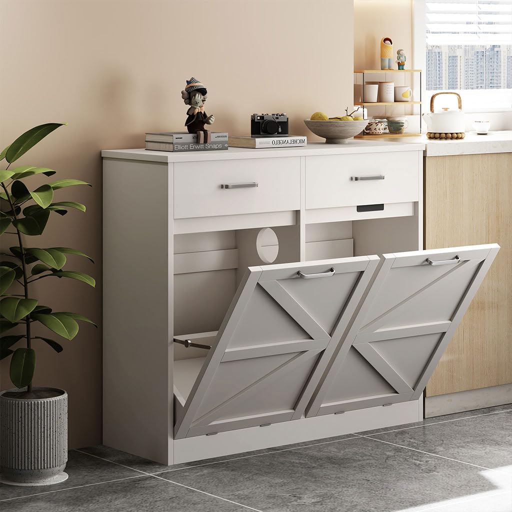 White Wooden Tilt Out Trash Cabinet X61019