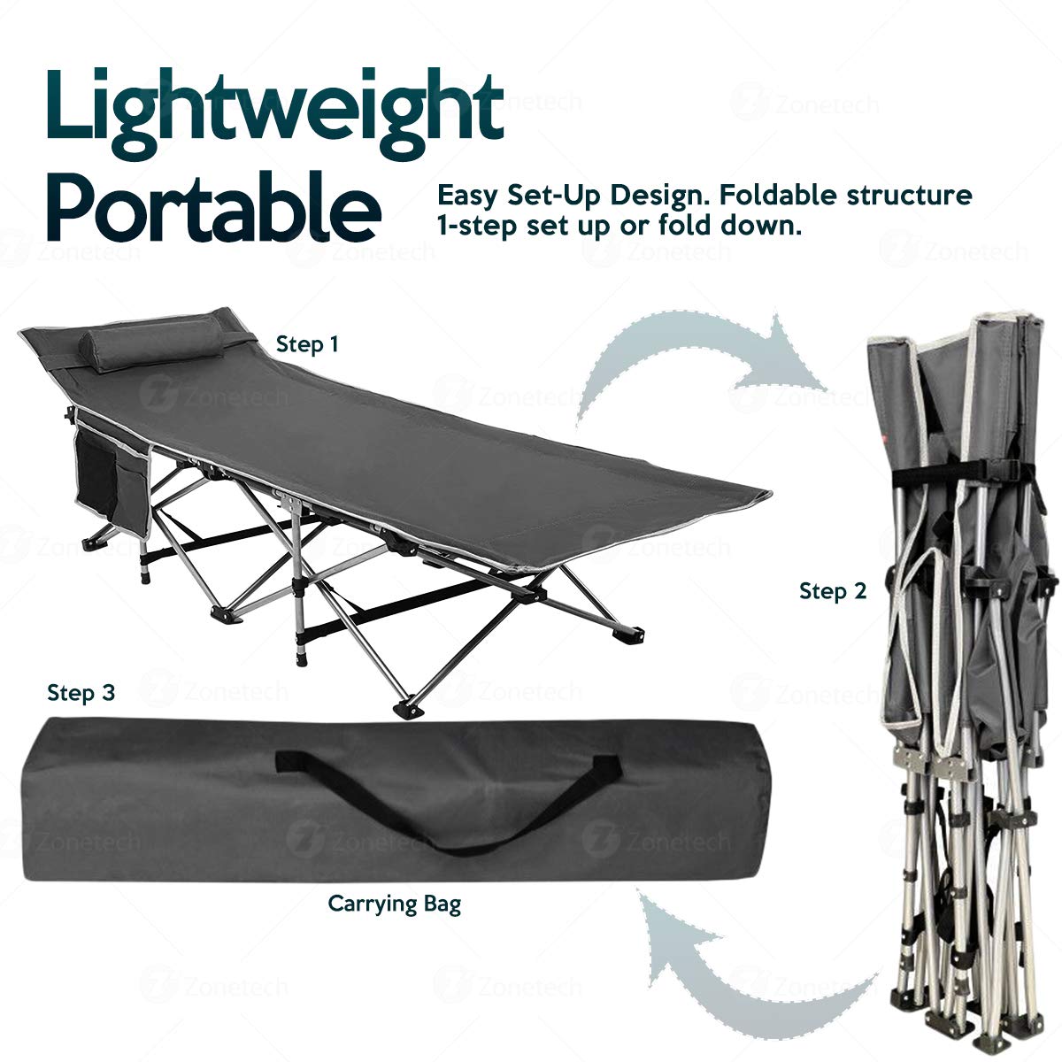 Folding Lightweight Portable Heavy Duty Travel Cot with Large Pocket H391214