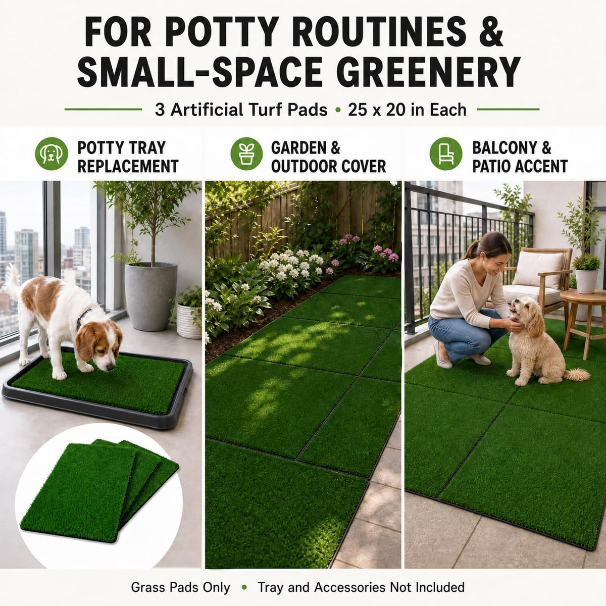 Dog Potty Grass Pads, 3 Pack, 25 x 20 in Replacement Turf A356