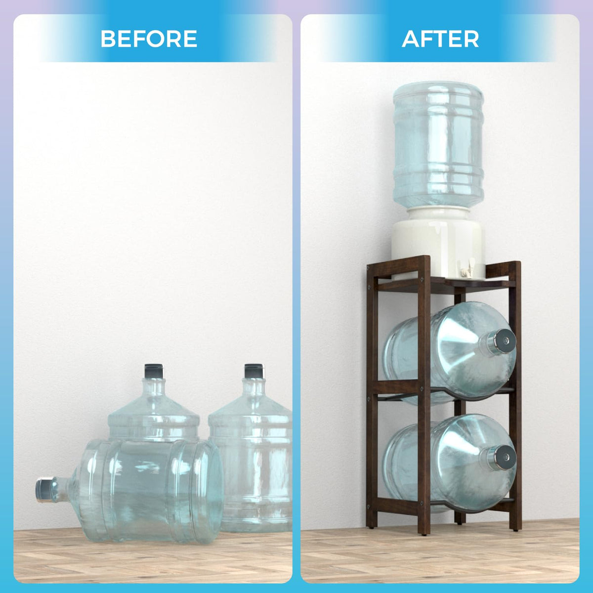 5 Gallon Water Jug Holder with Top Shelves, 3-Tiers Solid Wood Water Dispenser Stand G503461