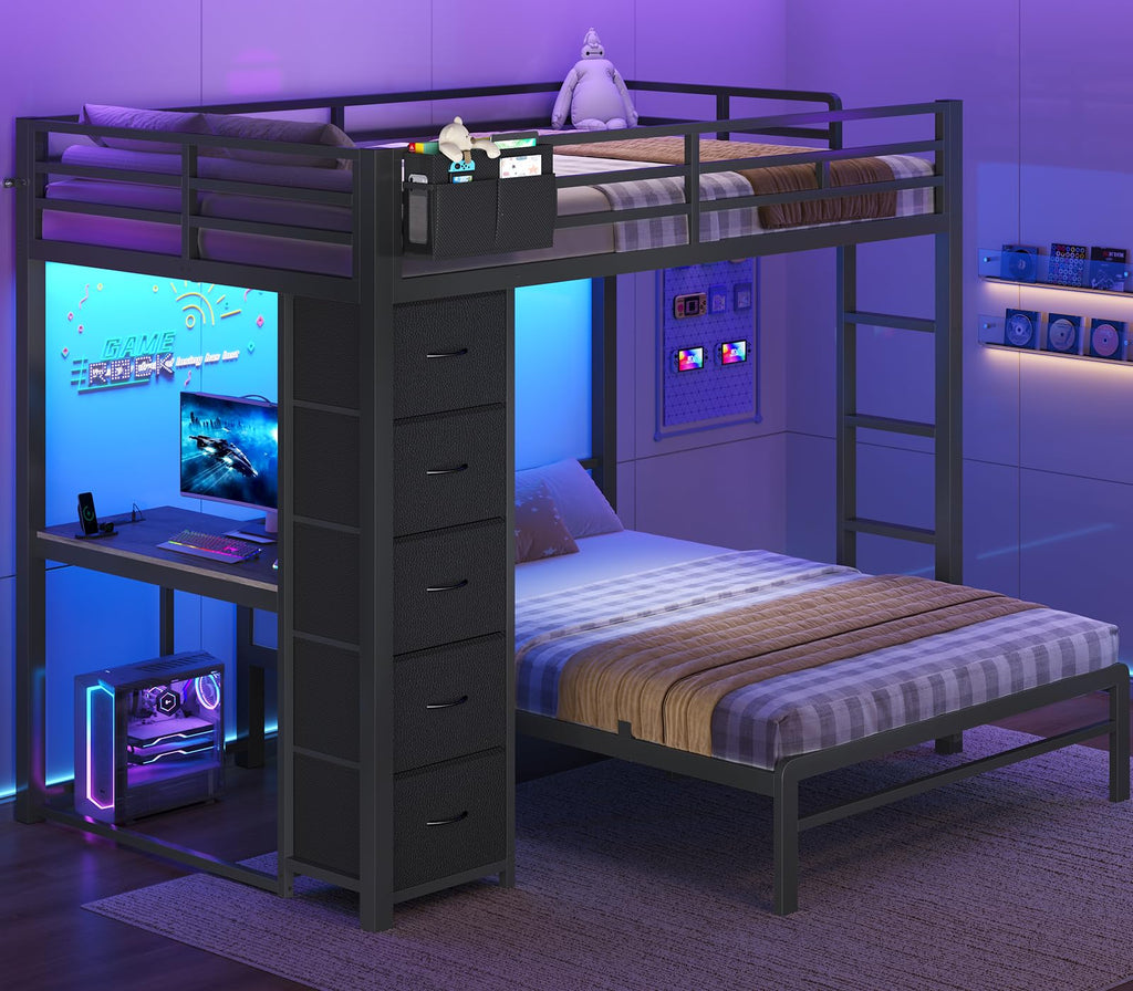 Full Size Bunk Bed with Desk, 5 Drawers, Black M39482