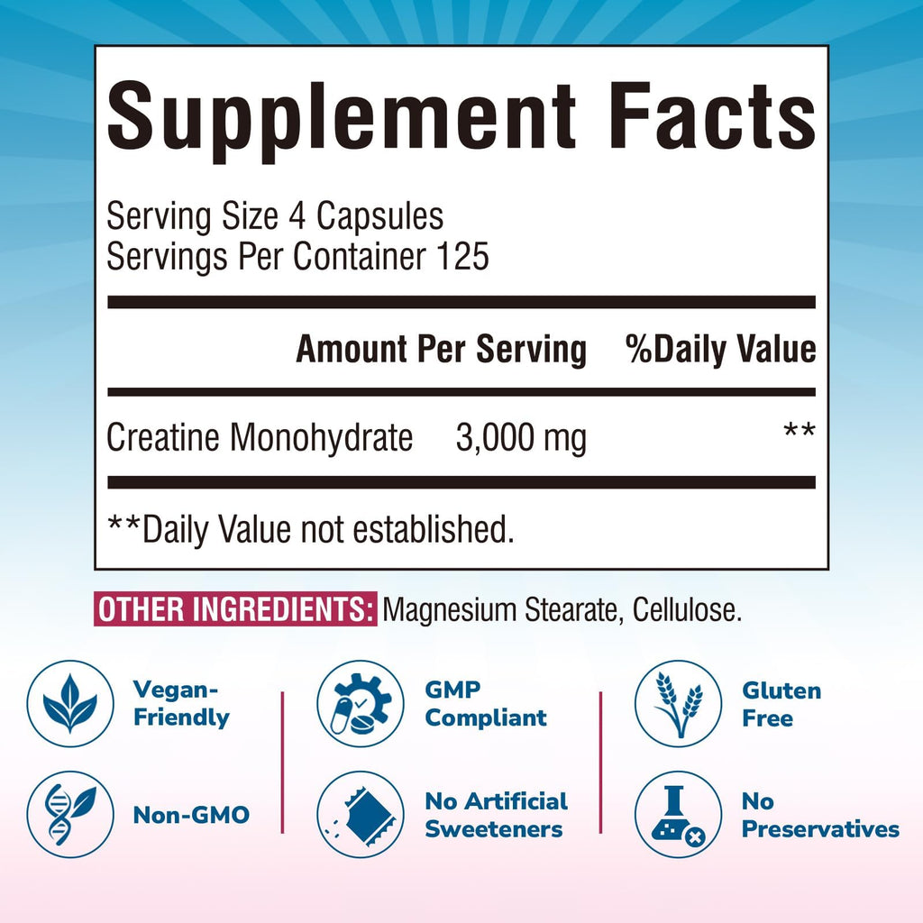 Creatine Monohydrate 3000 mg Micronized 500 Capsules O38399