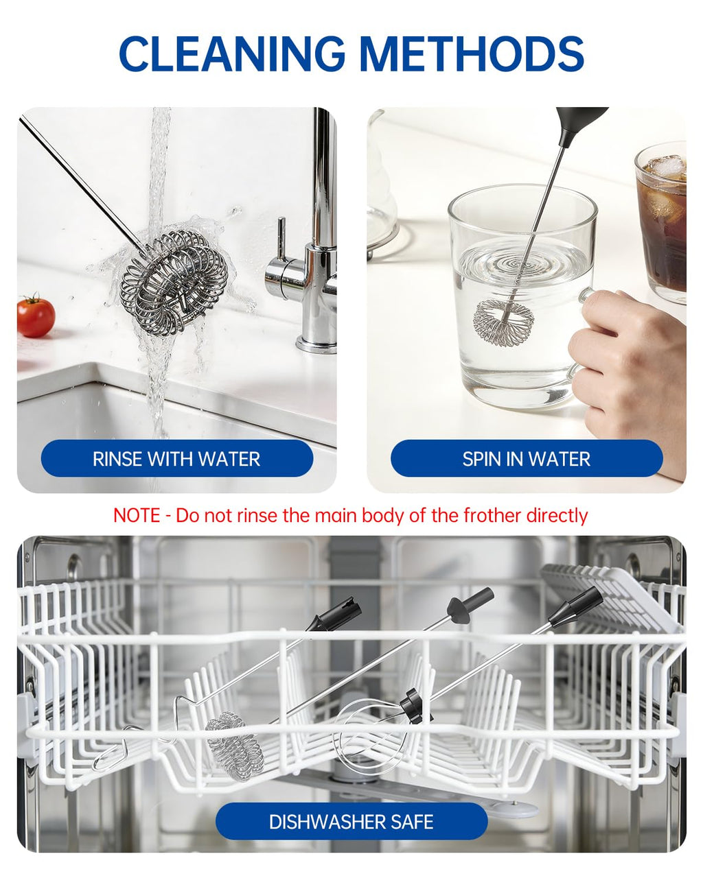 Rechargeable Handheld Milk Frother Wand with 3 Whisks and Storage Box V8953
