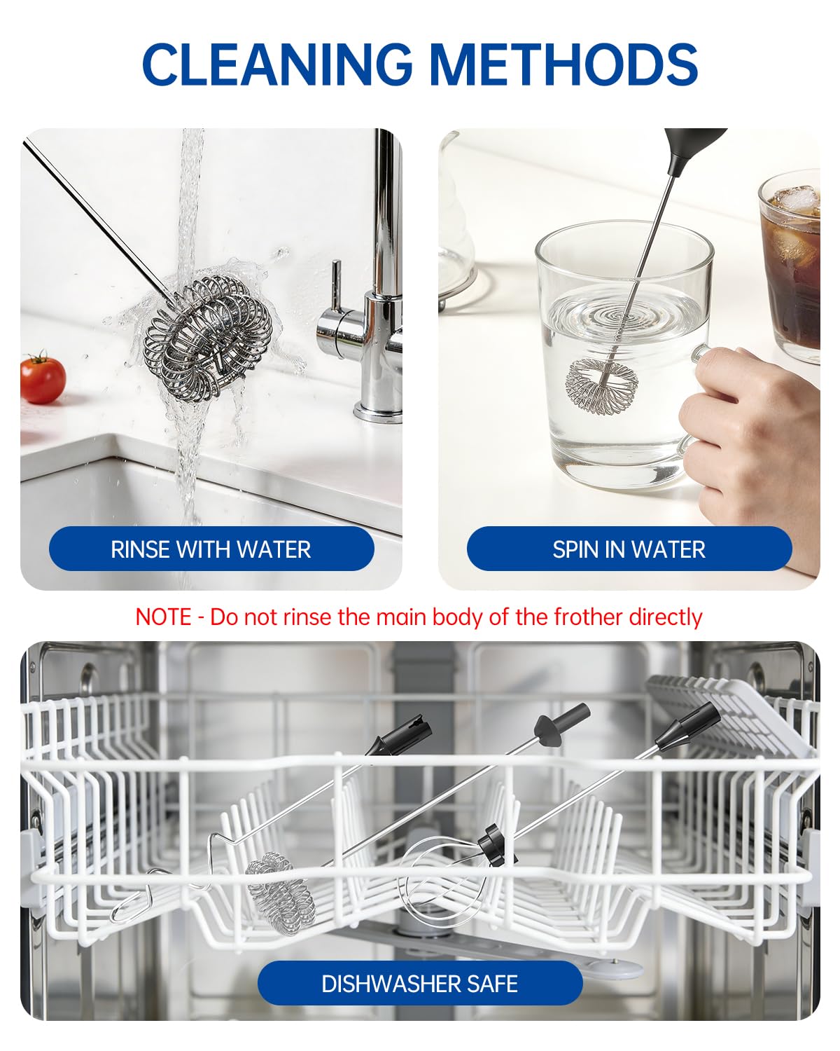 Rechargeable Handheld Milk Frother Wand with 3 Whisks and Storage Box V8953