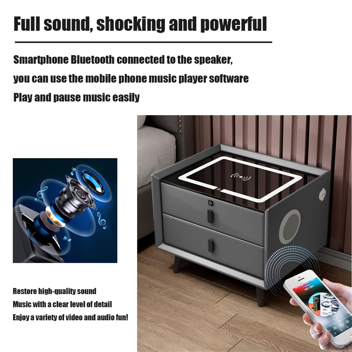 LED Nightstand with Bluetooth Speaker, Wireless Charging, 3 Colors LED Lights, USB & Type-C Port, 2/3 Drawers, Fingerprint Lock L582825