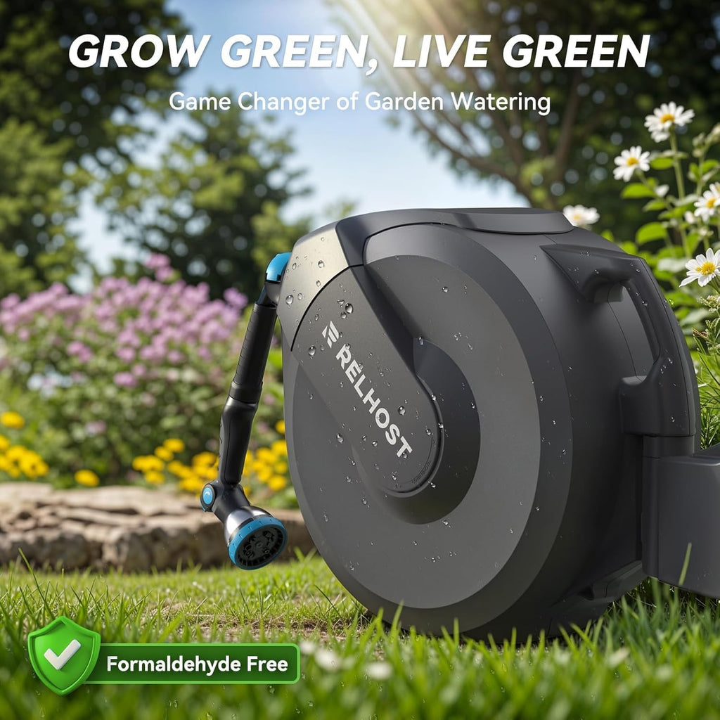 Retractable Garden Hose Reel, 5/8 in x 100 ft Wall Mount Heavy Duty with 10-Pattern Nozzle, Dark Grey U242