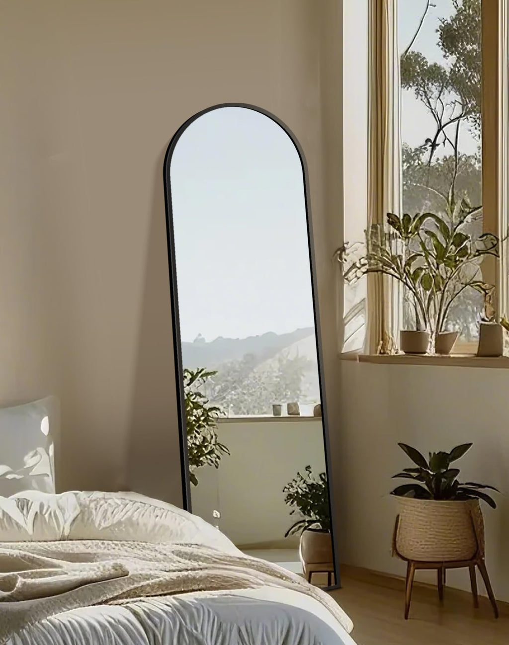 Arched Full Length Black Floor Mirror with Stand D6483