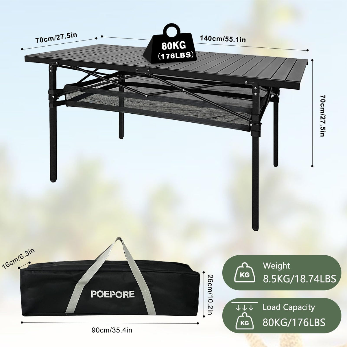 Large Folding Aluminum Camping Table with Storage and Carry Bag A6315