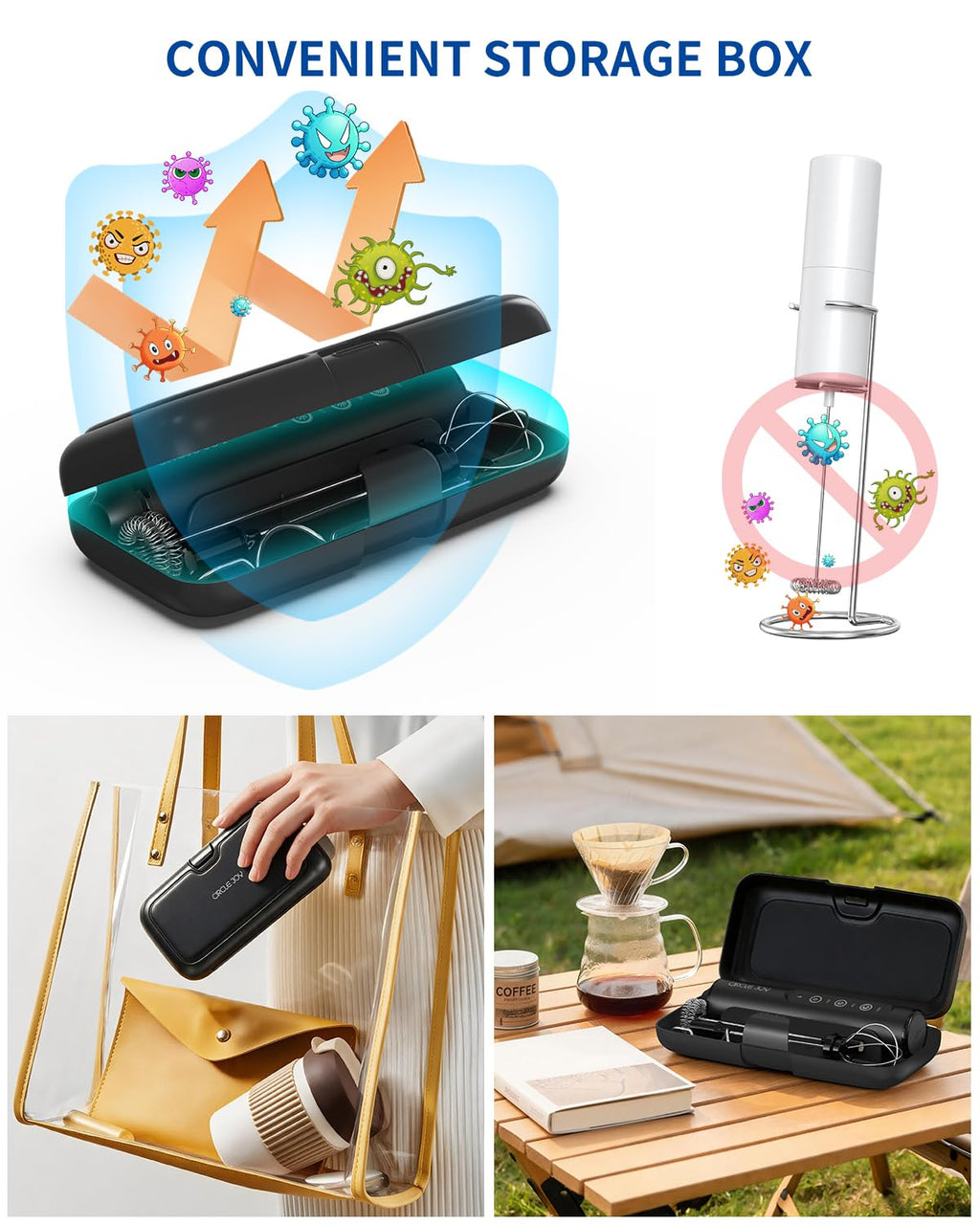 Rechargeable Handheld Milk Frother Wand with 3 Whisks and Storage Box V8953