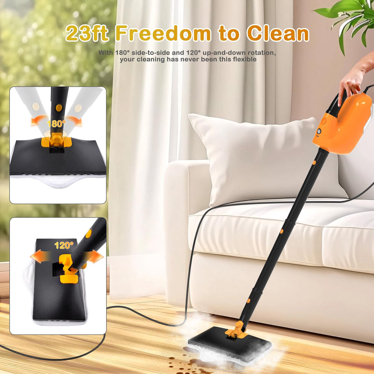 Steam Mop with 23FT Cord, 12OZ Removable Tank V600