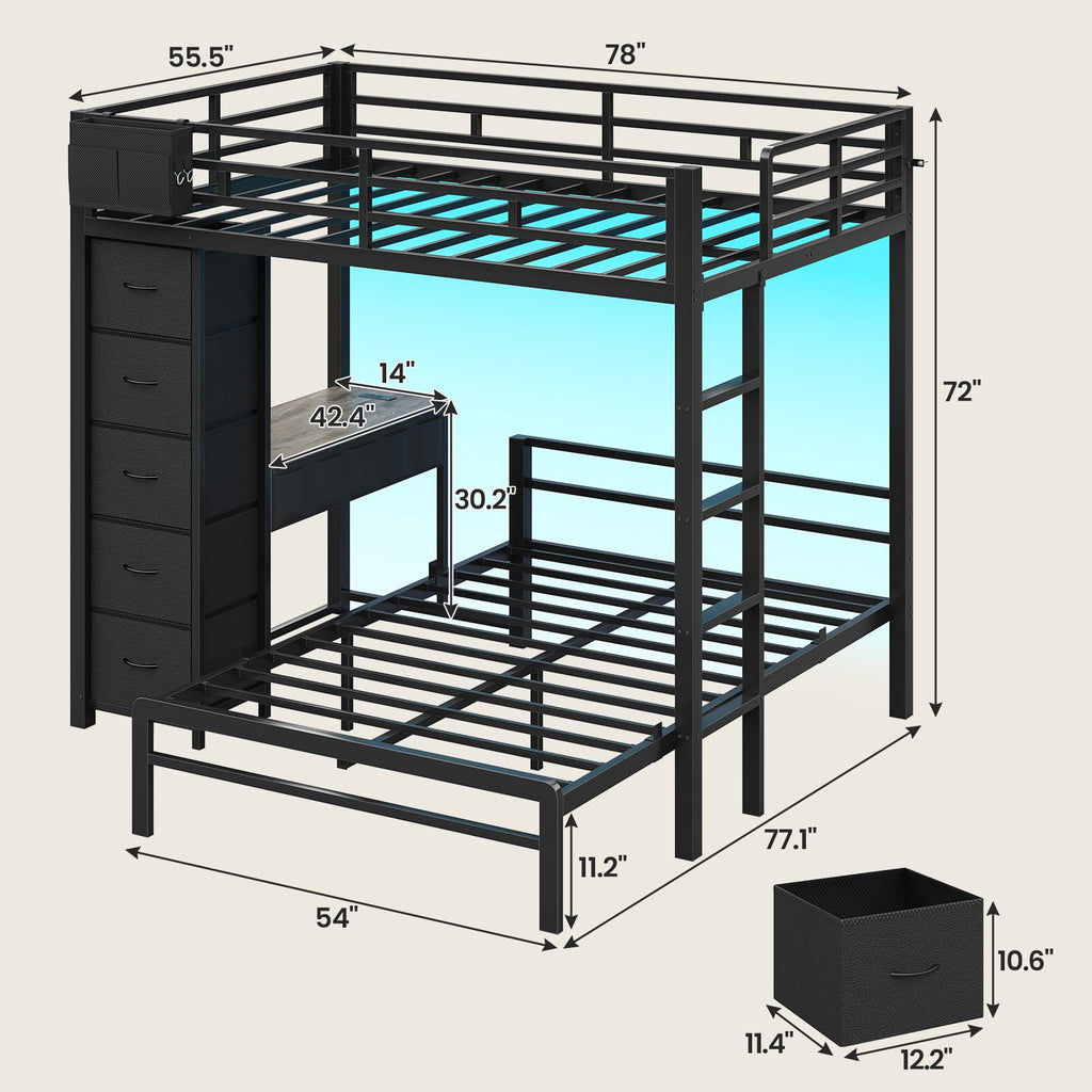 Full Size Bunk Bed with Desk, 5 Drawers, Black M39482
