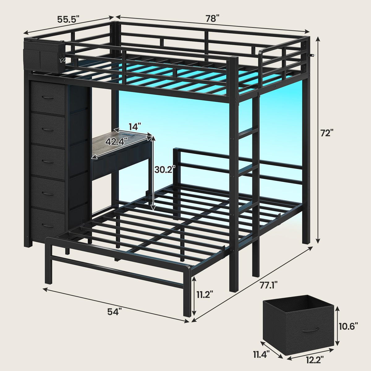 Full Size Bunk Bed with Desk, 5 Drawers, Black M39482