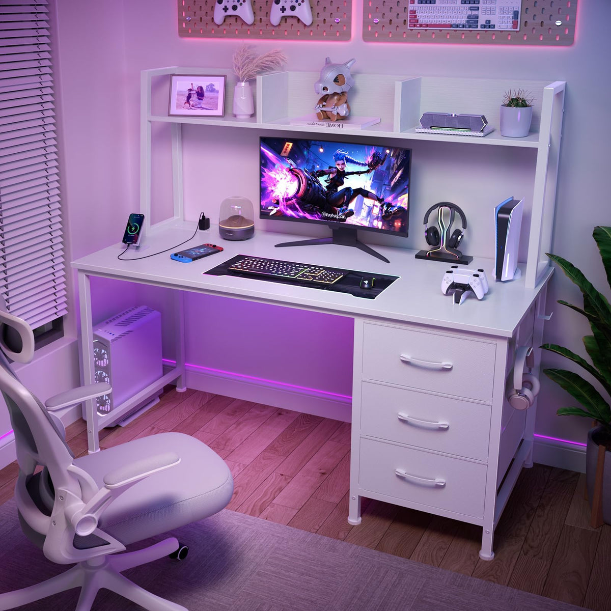 White Computer Desk with Hutch & Drawers 47 Inch N106