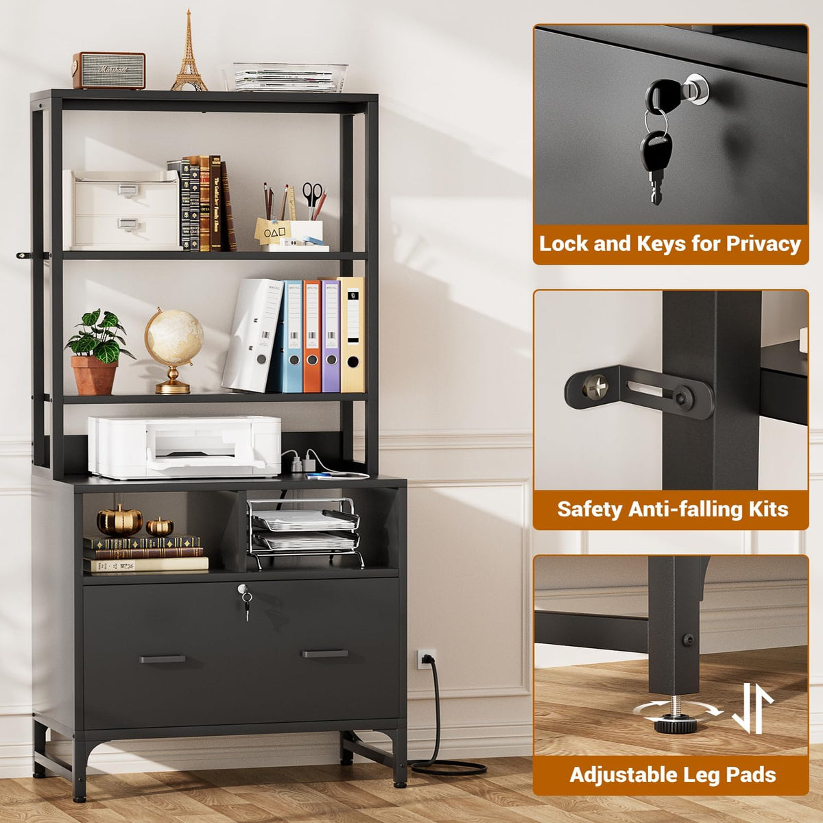Black File Cabinet with Charging Station R943608
