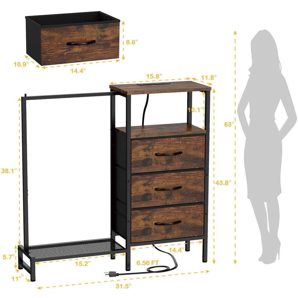 Brown 3 Drawer Fabric Dresser with Hanging Rack A7579