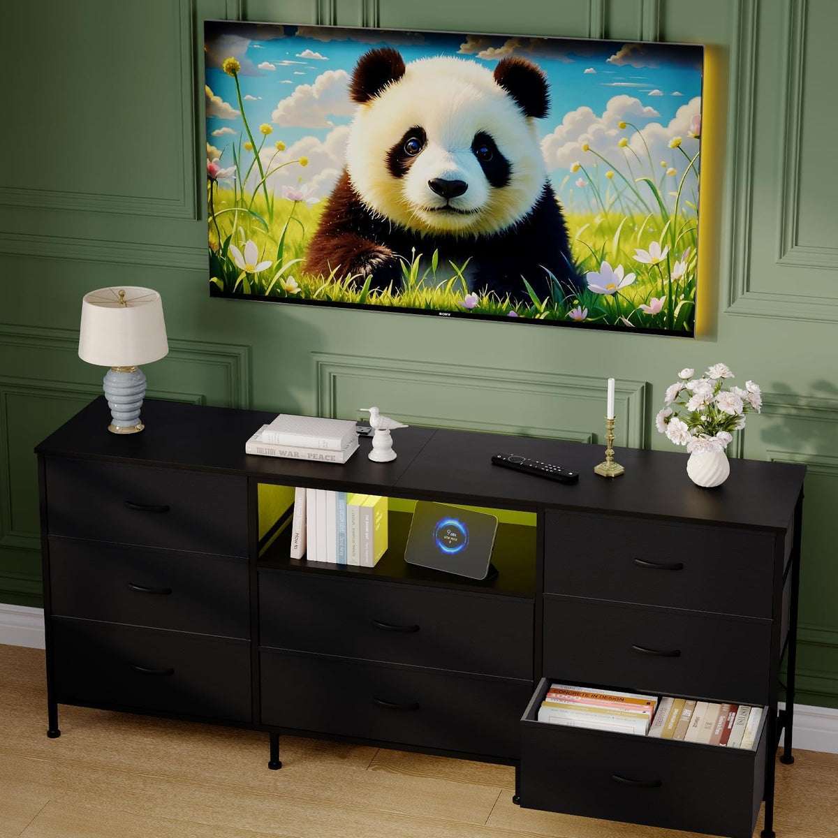 Black 8 Drawer TV Stand Dresser with Steel Frame H98567