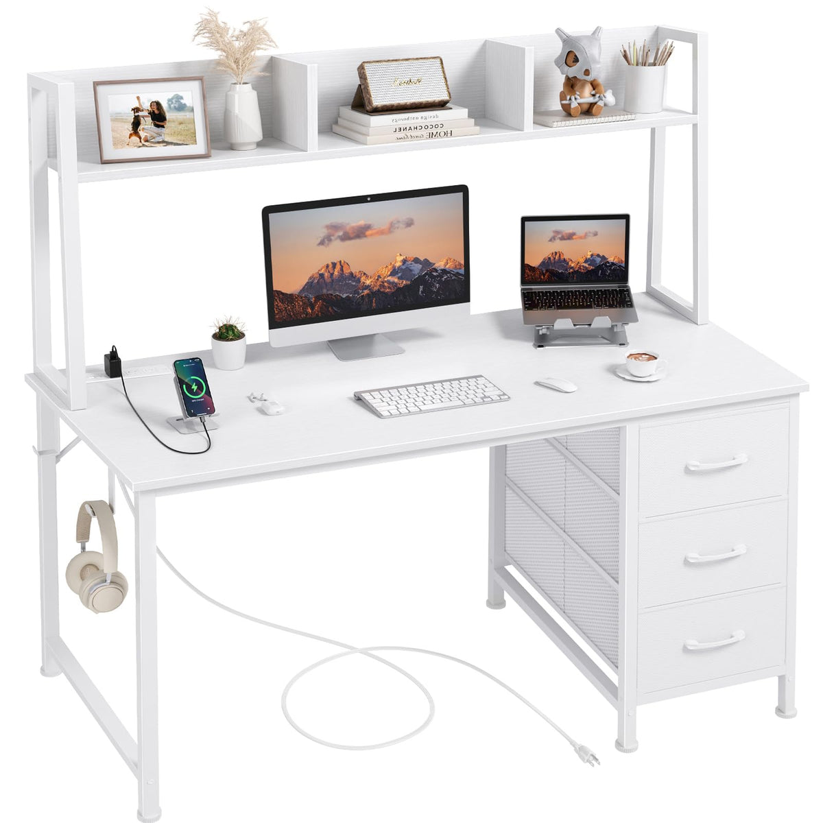 White Computer Desk with Hutch & Drawers 47 Inch N106