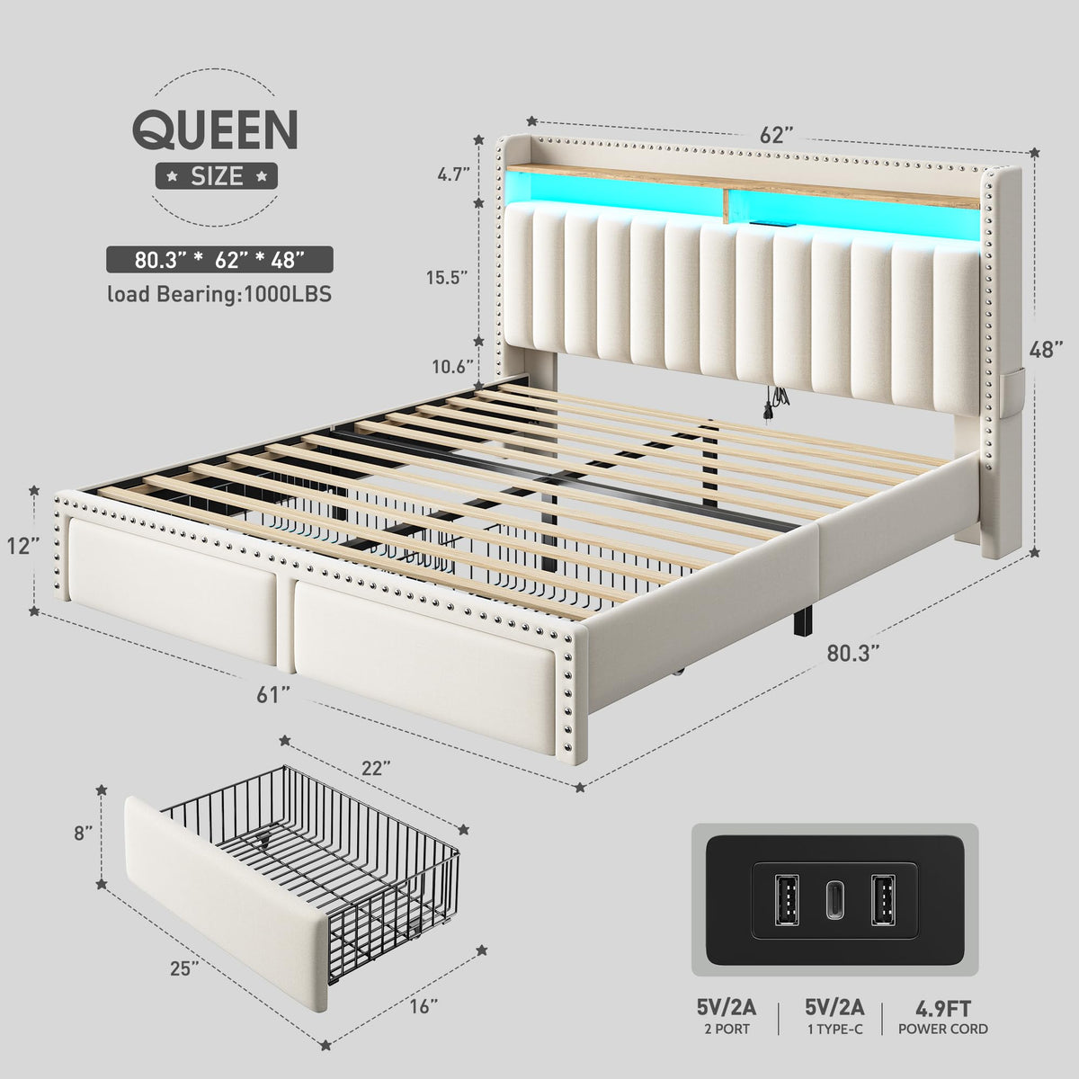 Queen Size Bed Frame with 2 Drawers C356715