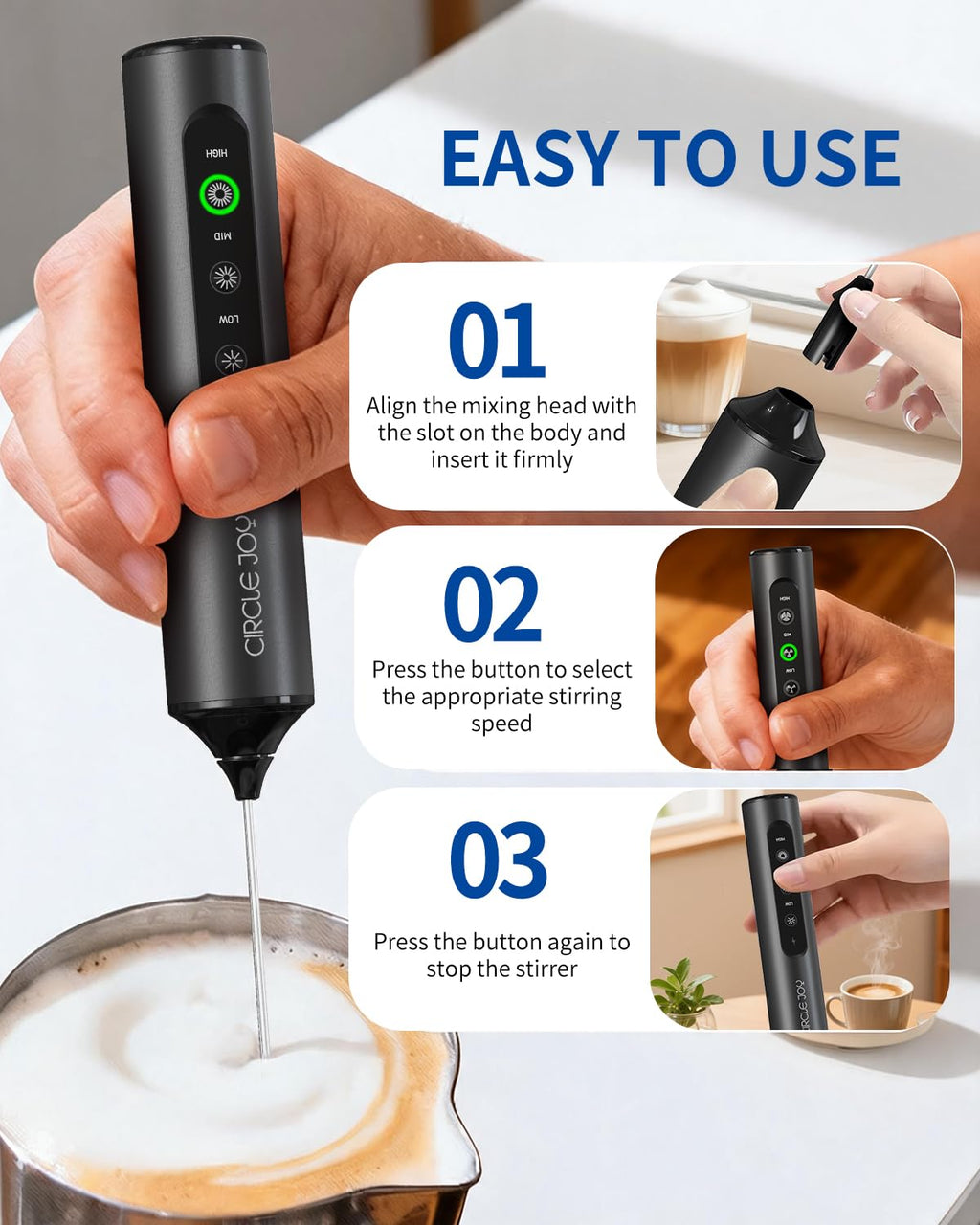 Rechargeable Handheld Milk Frother Wand with 3 Whisks and Storage Box V8953