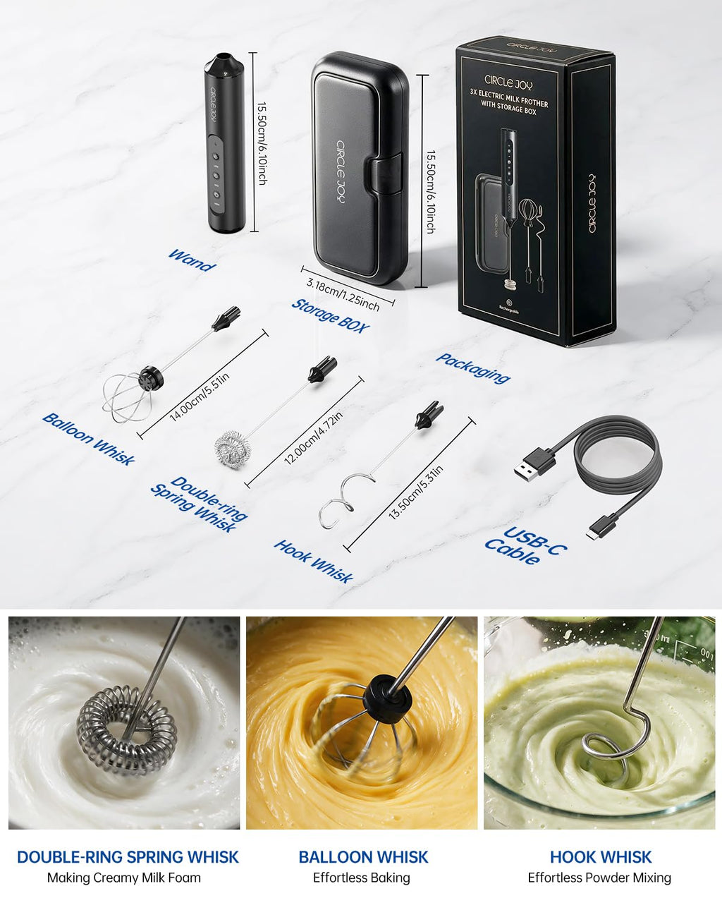 Rechargeable Handheld Milk Frother Wand with 3 Whisks and Storage Box V8953