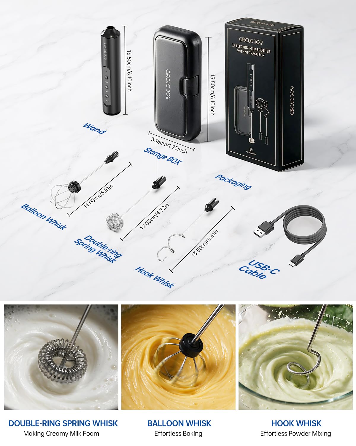 Rechargeable Handheld Milk Frother Wand with 3 Whisks and Storage Box V8953
