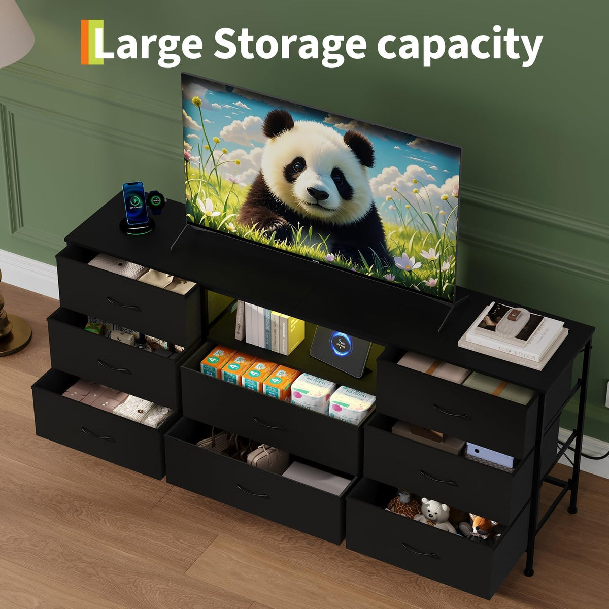 Black 8 Drawer TV Stand Dresser with Steel Frame H98567