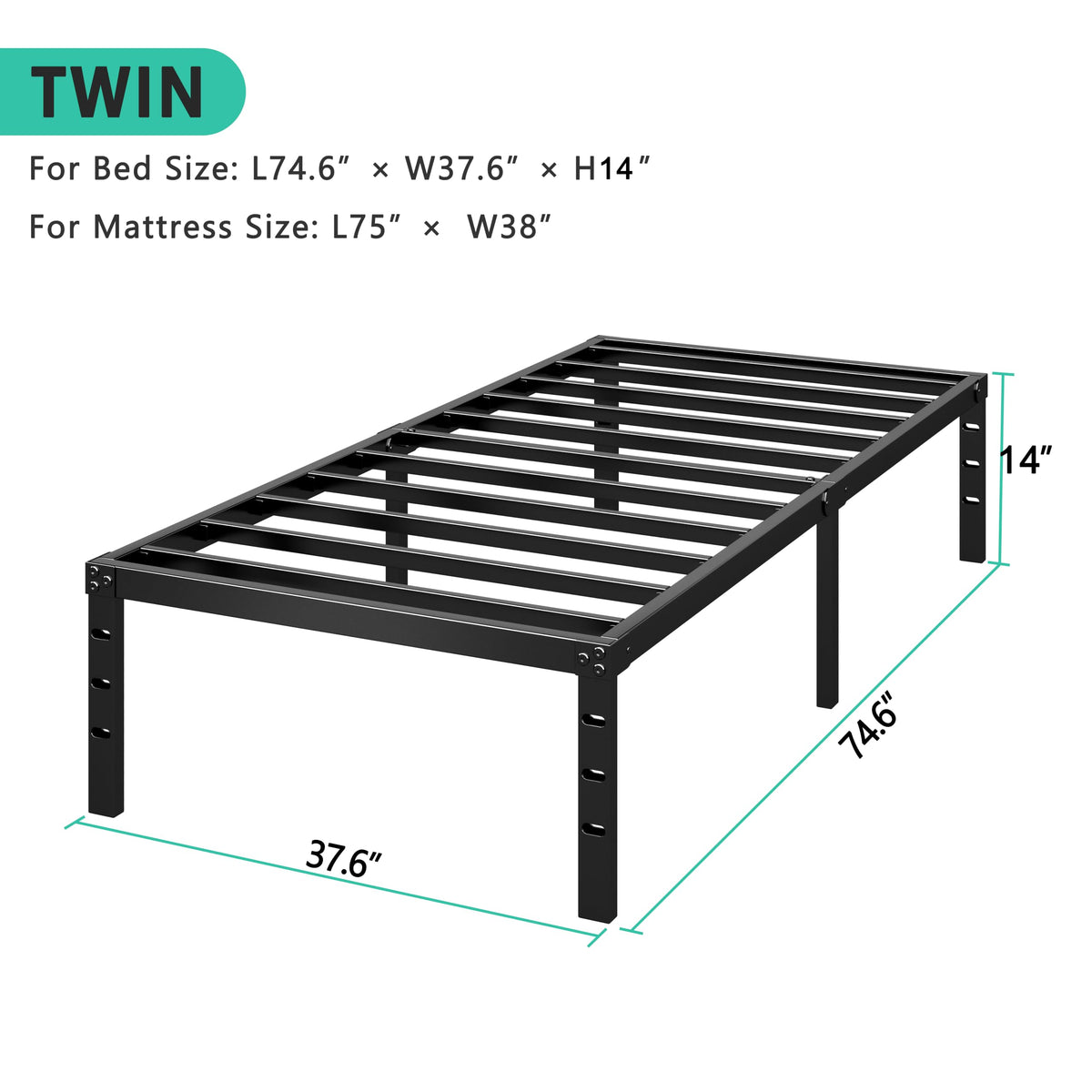 14 Inch Tall Black Metal Platform Twin Size Bed Frame L803