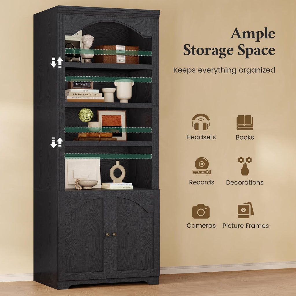 81"x31.4" Arched Bookcase with Adjustable Shelves & Doors R6107