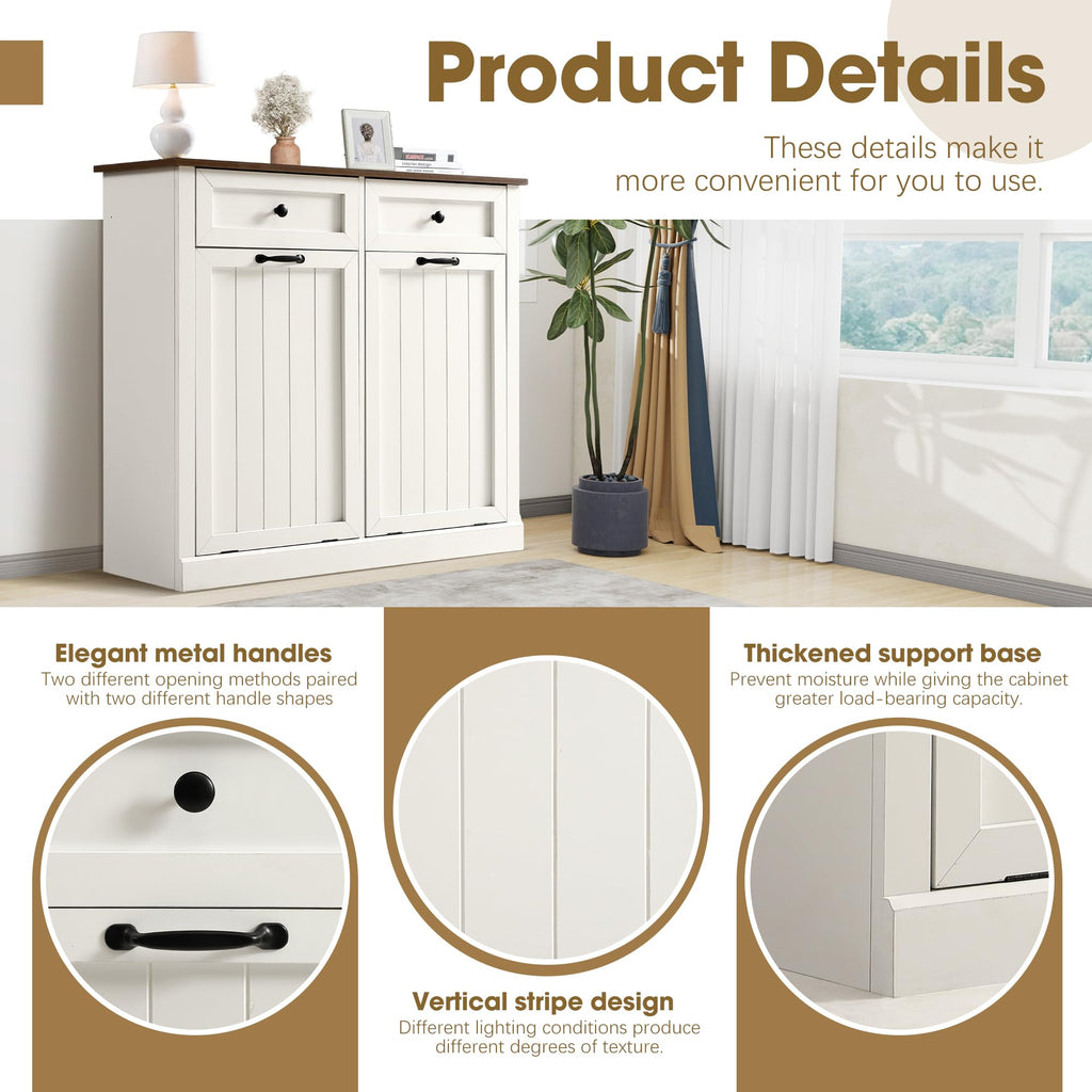 White 22 Gallon Wooden Laundry Hamper Cabinet with 2 Drawers T505001