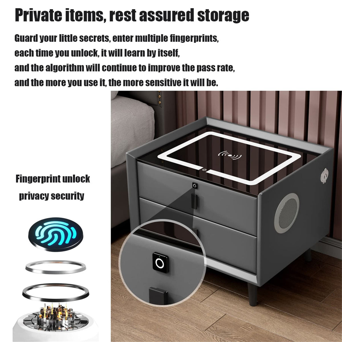 LED Nightstand with Bluetooth Speaker, Wireless Charging, 3 Colors LED Lights, USB & Type-C Port, 2/3 Drawers, Fingerprint Lock L582825