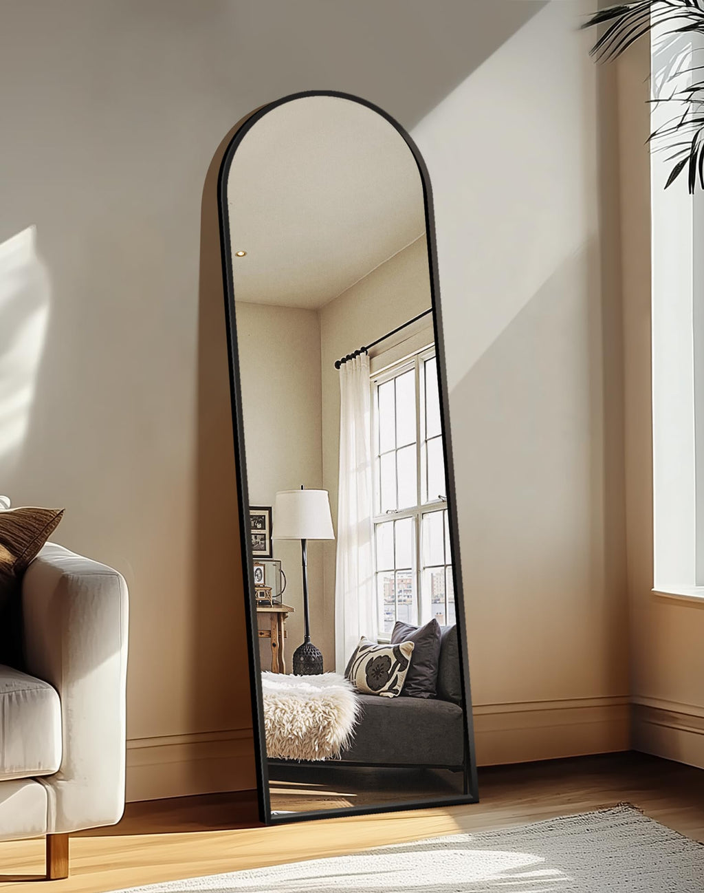 Arched Full Length Black Floor Mirror with Stand D6483