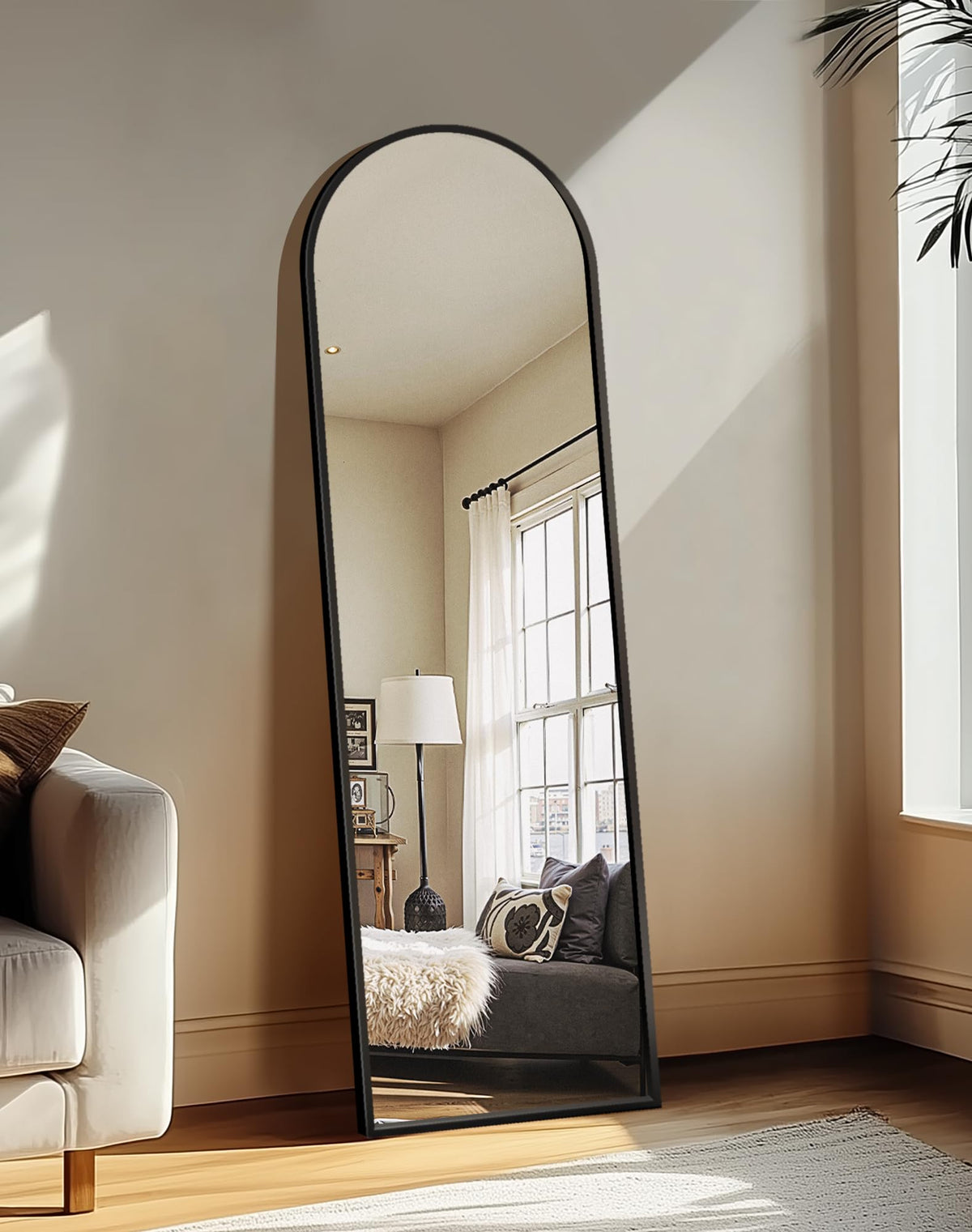 Arched Full Length Black Floor Mirror with Stand D6483