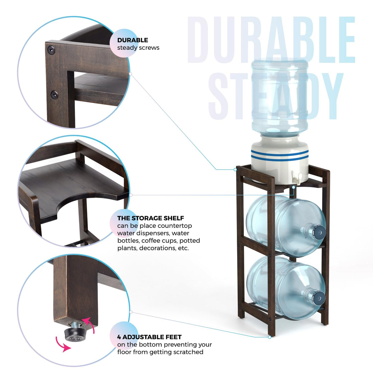 5 Gallon Water Jug Holder with Top Shelves, 3-Tiers Solid Wood Water Dispenser Stand G503461
