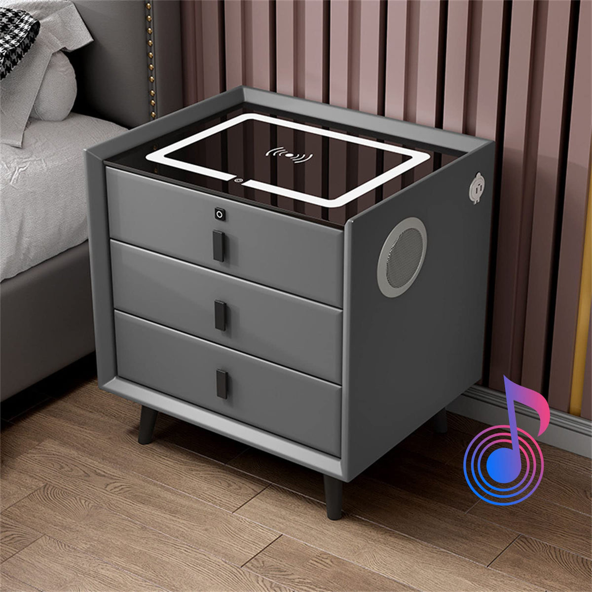 LED Nightstand with Bluetooth Speaker, Wireless Charging, 3 Colors LED Lights, USB & Type-C Port, 2/3 Drawers, Fingerprint Lock L582825
