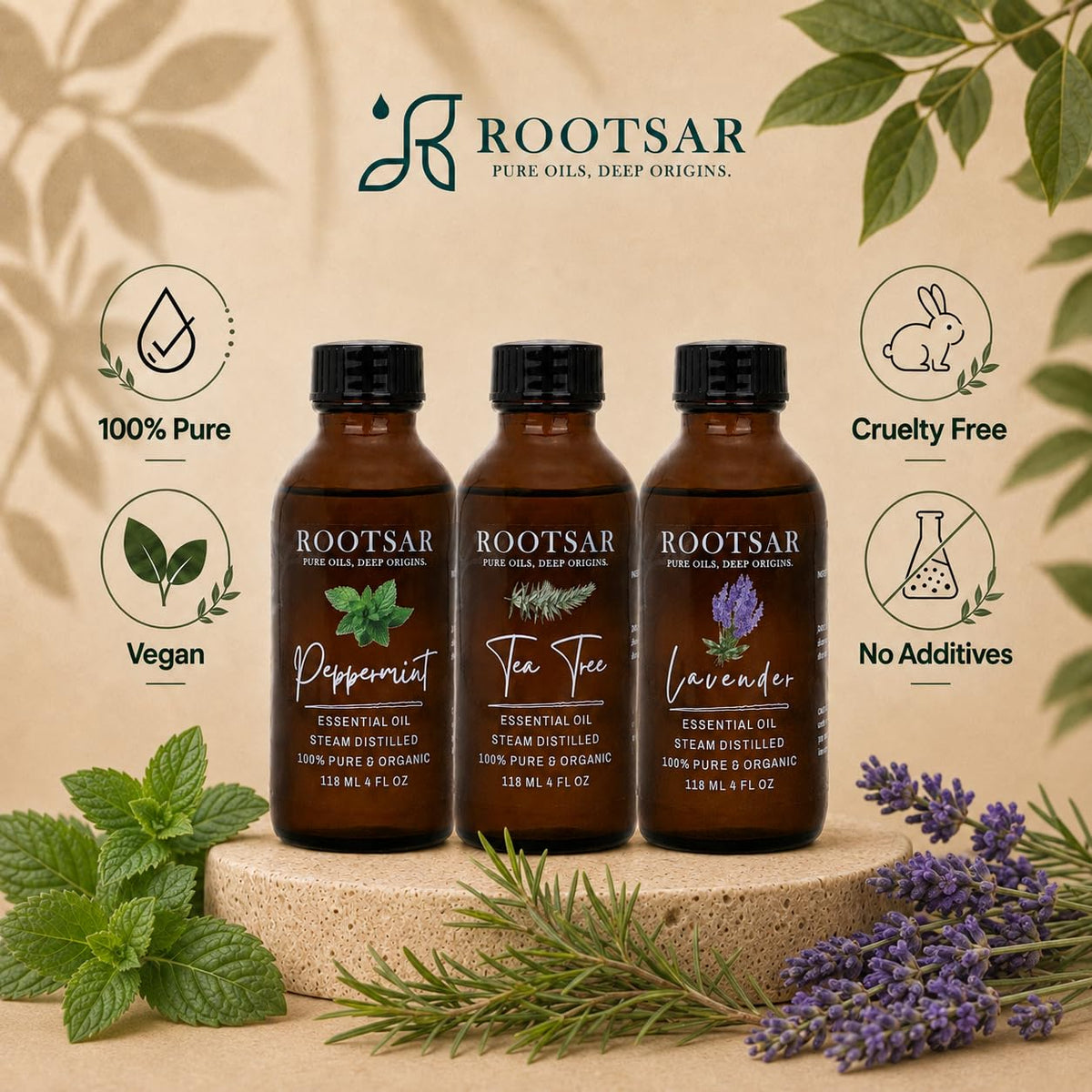 3 Pack Lavender Peppermint Tea Tree Essential Oils 4 Fl Oz I61740