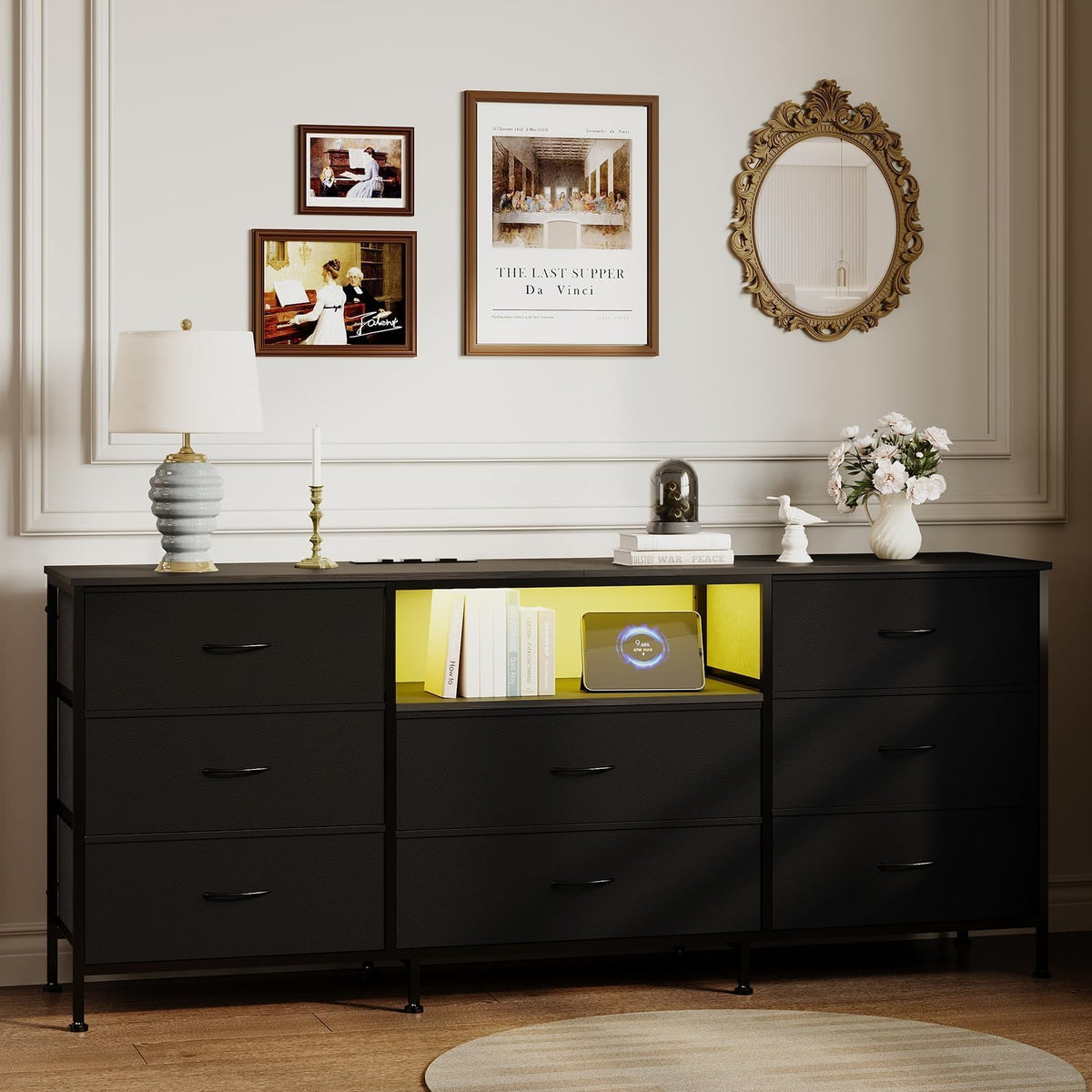 Black 8 Drawer TV Stand Dresser with Steel Frame H98567