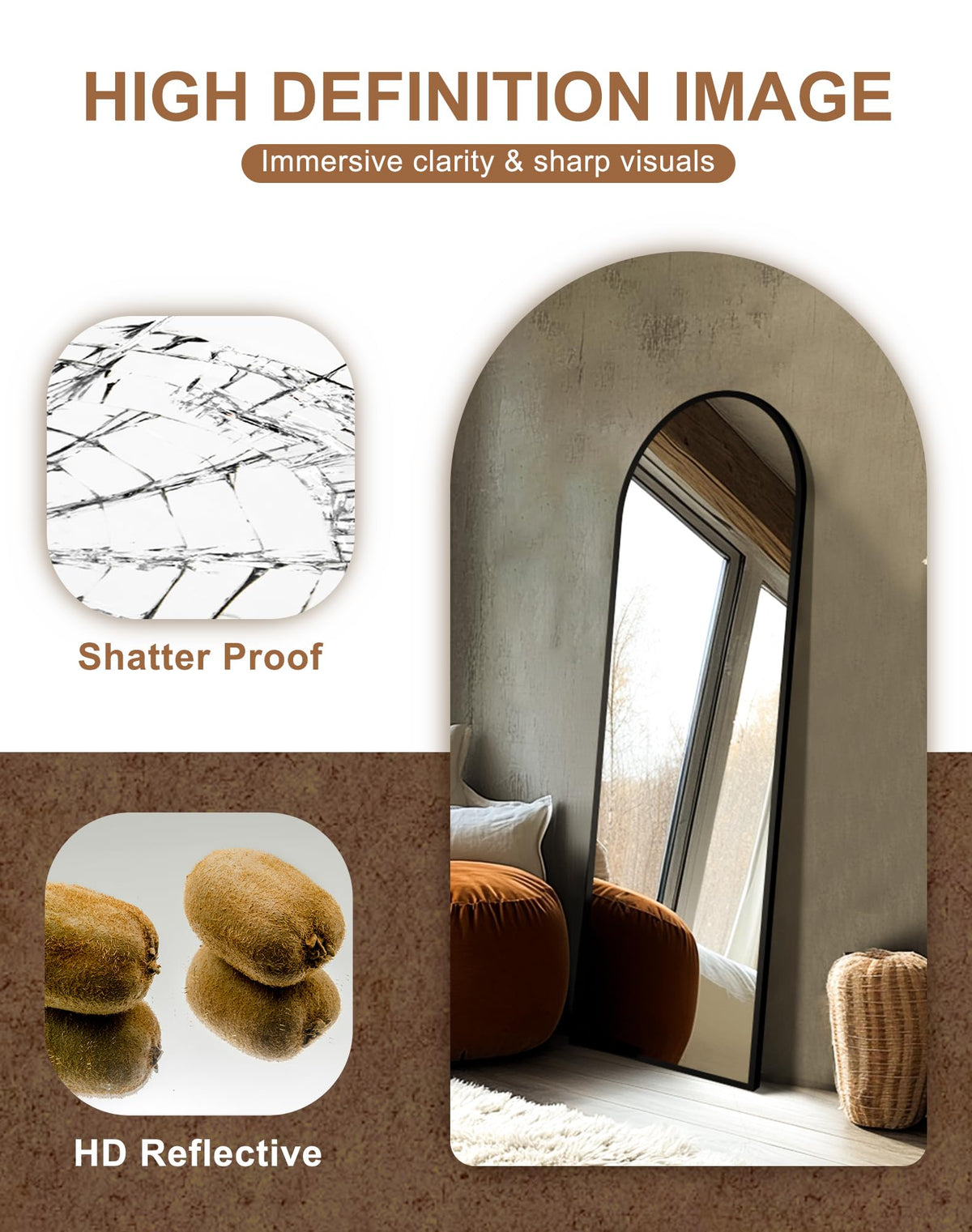 Arched Full Length Black Floor Mirror with Stand D6483