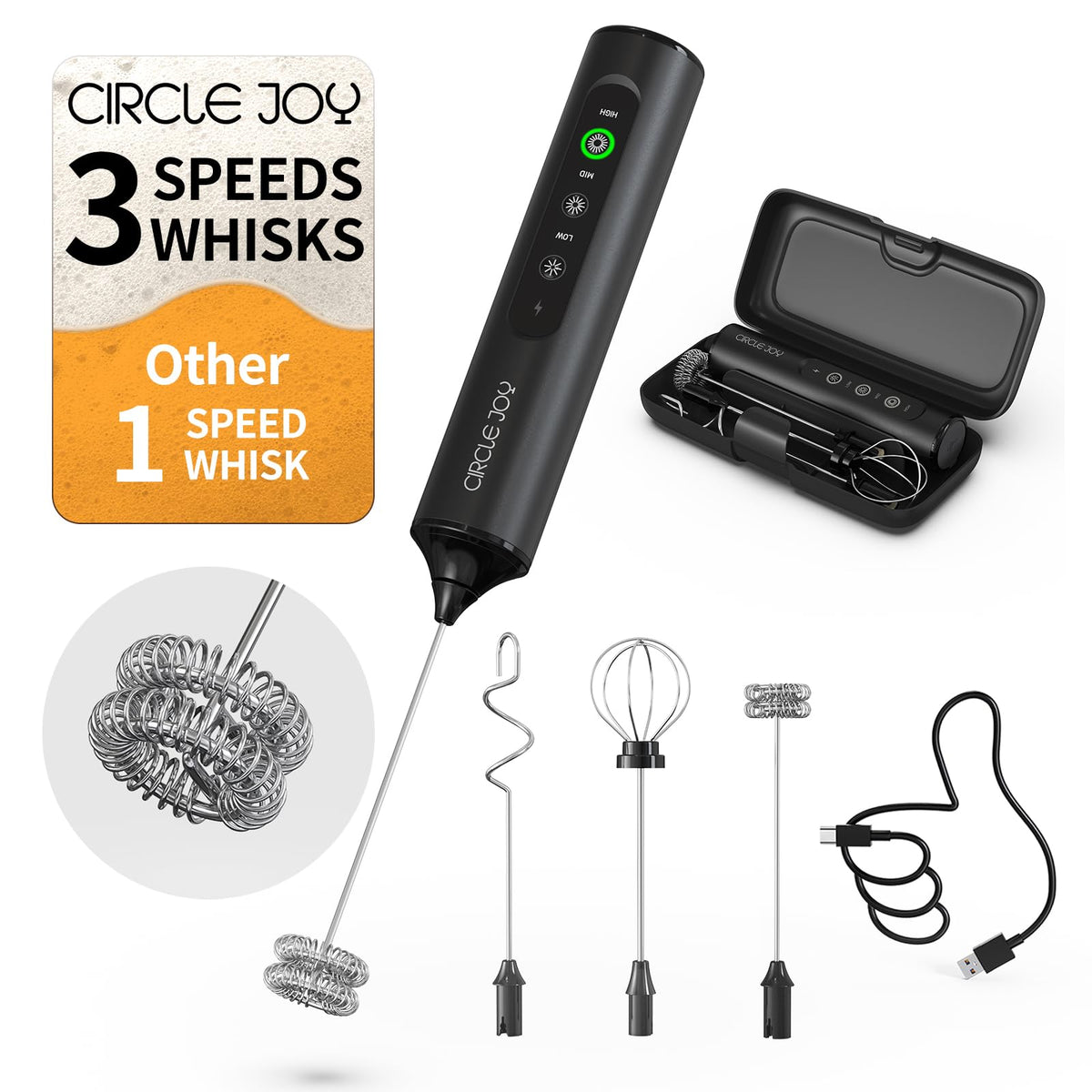 Rechargeable Handheld Milk Frother Wand with 3 Whisks and Storage Box V8953