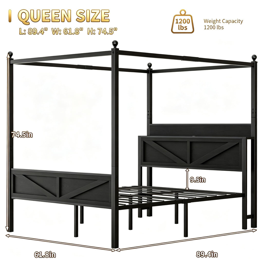 Queen Size Metal Canopy Bed Frame with Storage Headboard O682351