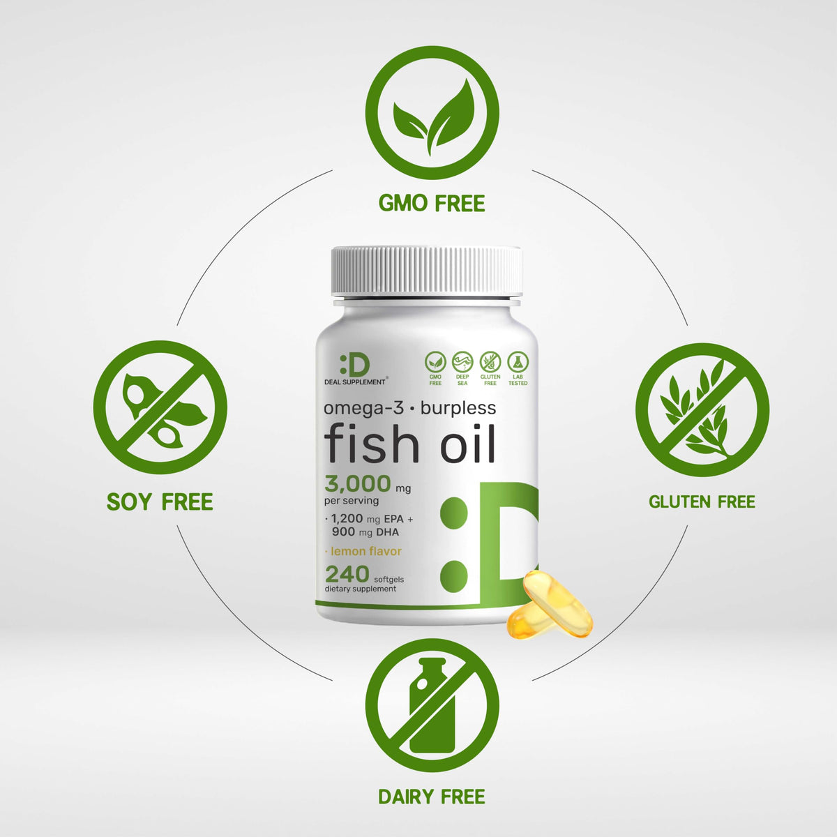 Omega 3 Fish Oil 3,000mg 240 Softgels EPA DHA Lemon Flavored B38862