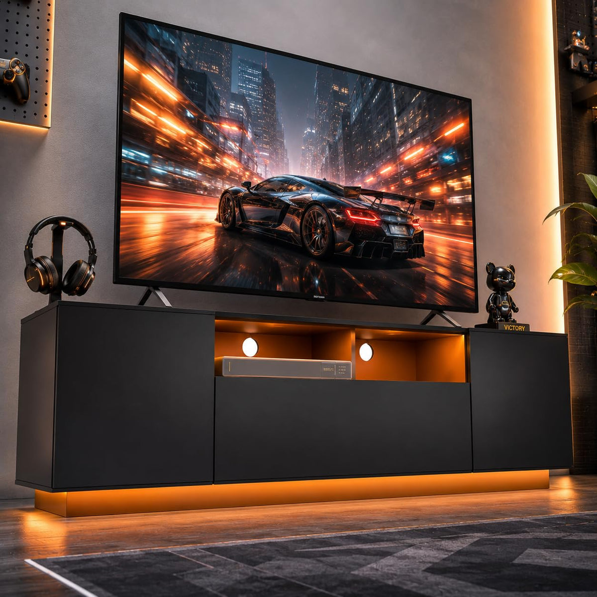 Black TV Stand with Storage Cabinets and Drawer O301