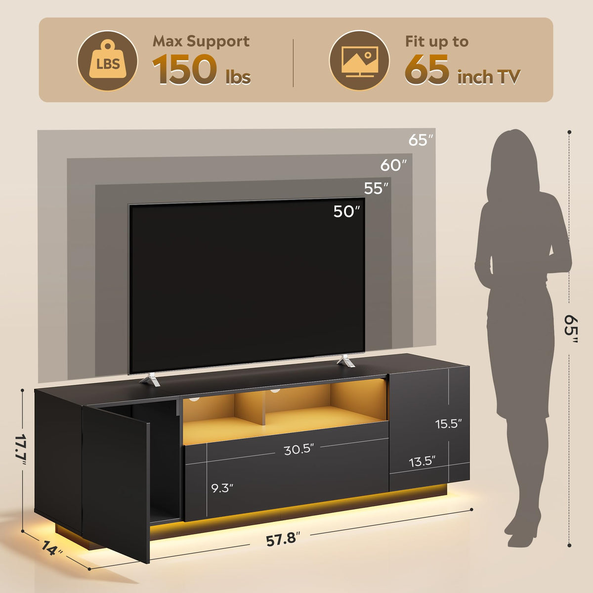 Black TV Stand with Storage Cabinets and Drawer O301