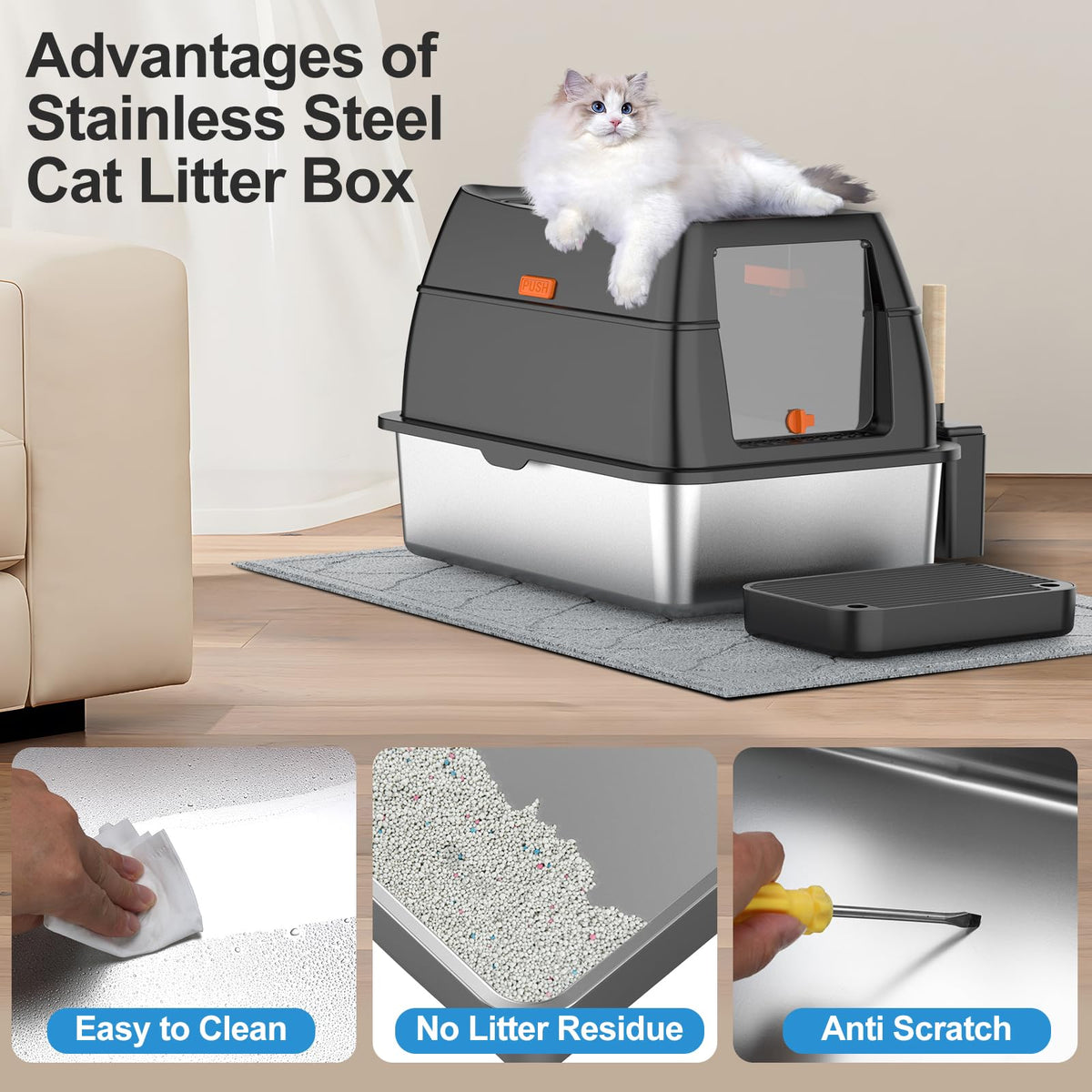 Extra Large Stainless Steel Litter Box with Lid O464055